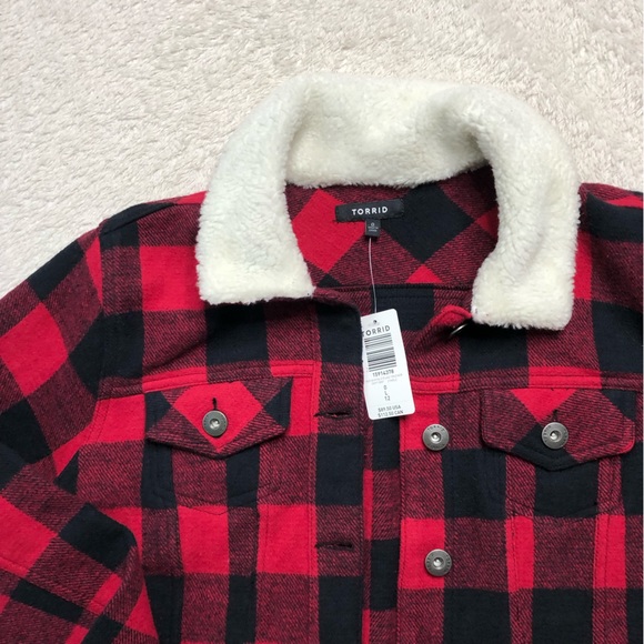 Torrid Trucker Coat Buffalo Plaid Red Stretch Twill  Cotton Sherpa Jacket - Picture 3 of 9